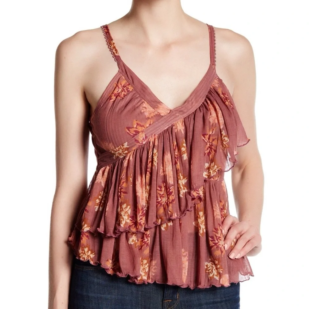 FREE PEOPLE MELBOURNE PRINTED RUFFLED RIBBED TANK